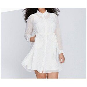 Lane Bryant Shirt Dress Tie Waist Collar Button Up White + Gold, Plus Size 28